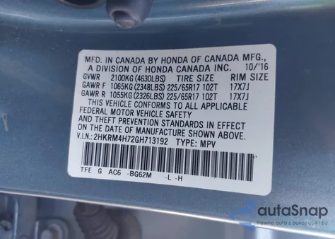 2016 Honda Cr-V Ex-L from USA, damaged, VIN 2HKRM4H72GH713192